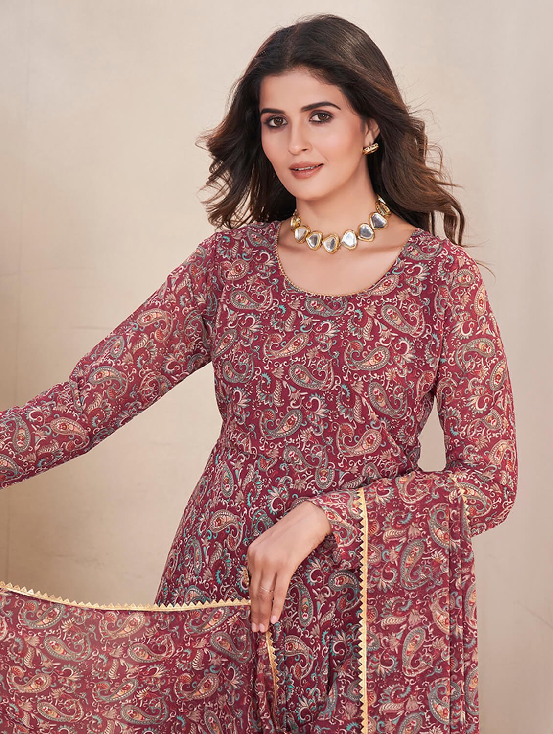 Experience elegance with the Maroon Georgette Printed Anarkali Suit Set. image 6