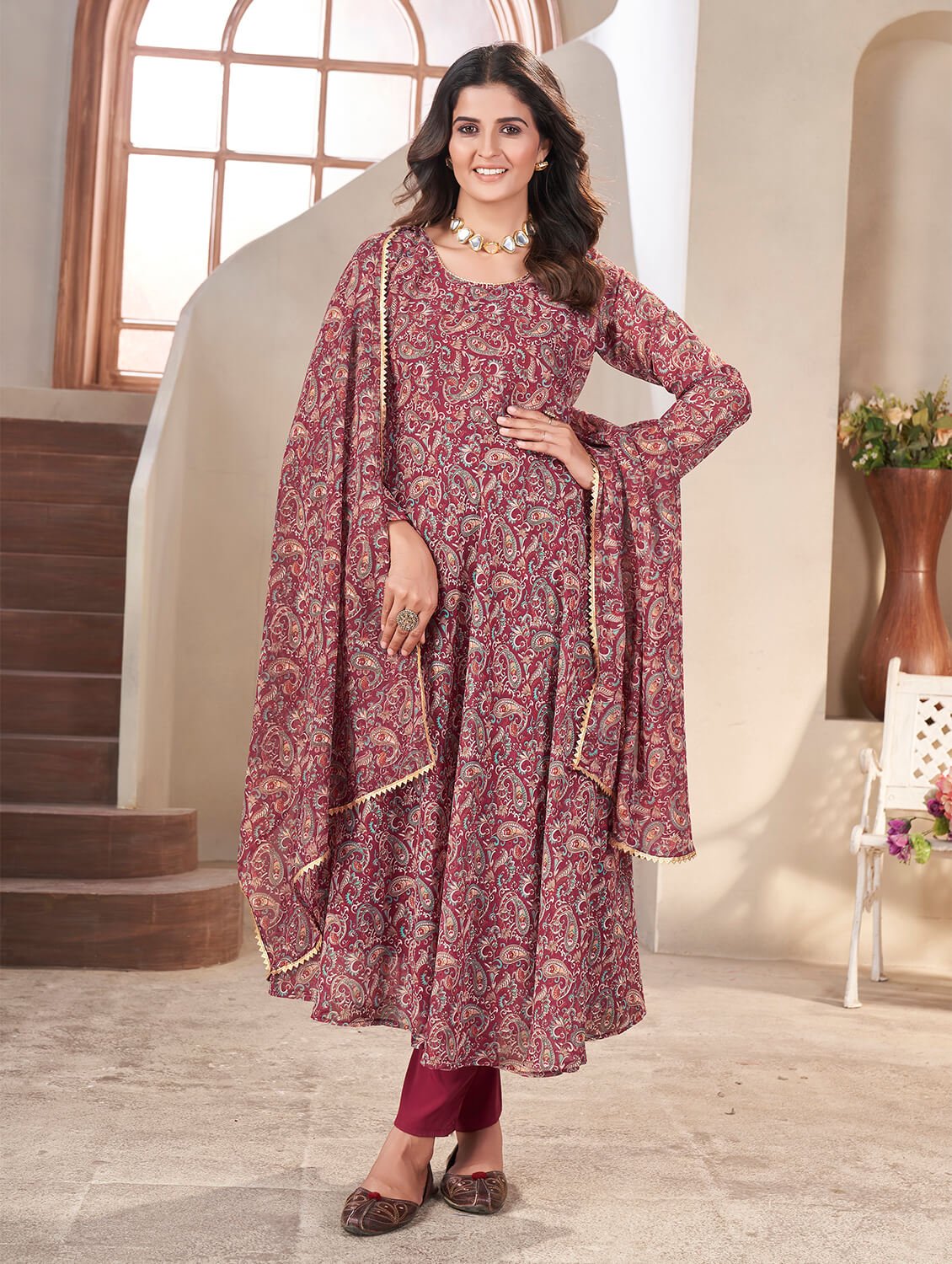 Experience elegance with the Maroon Georgette Printed Anarkali Suit Set. image 2