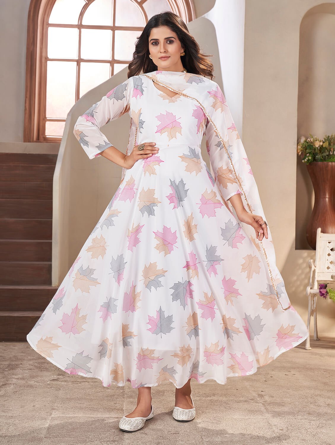 Brighten Your Look with a White Georgette Printed Anarkali Suit Set image 2