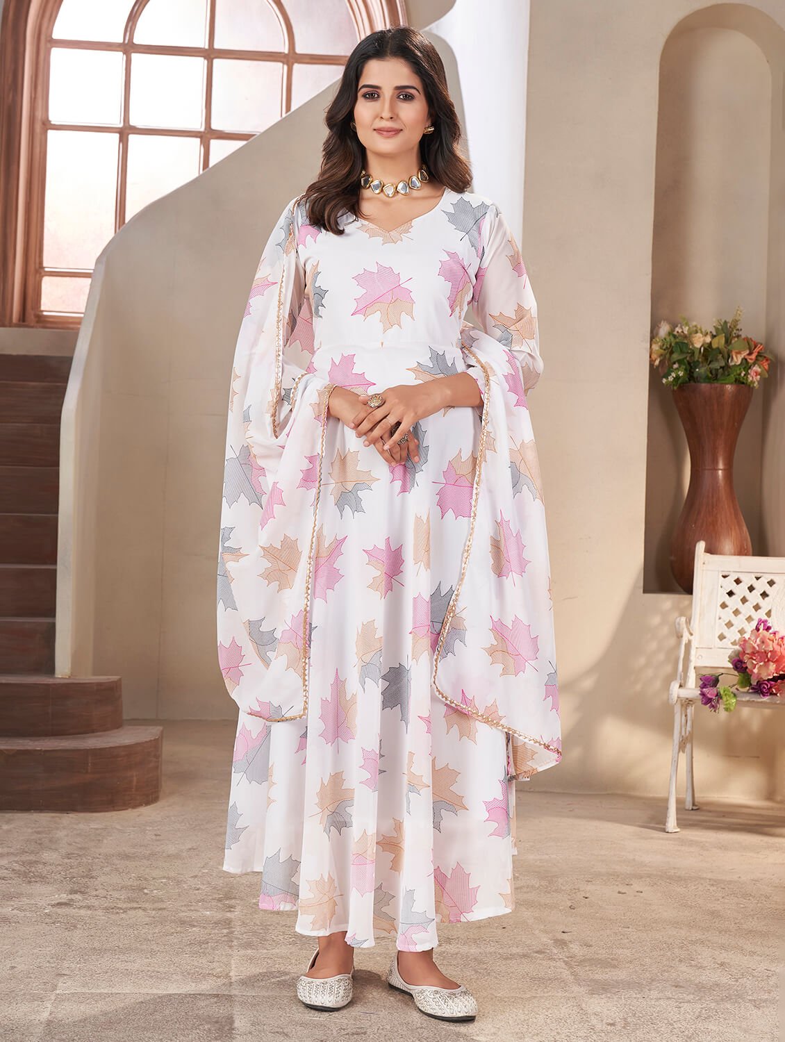 Brighten Your Look with a White Georgette Printed Anarkali Suit Set