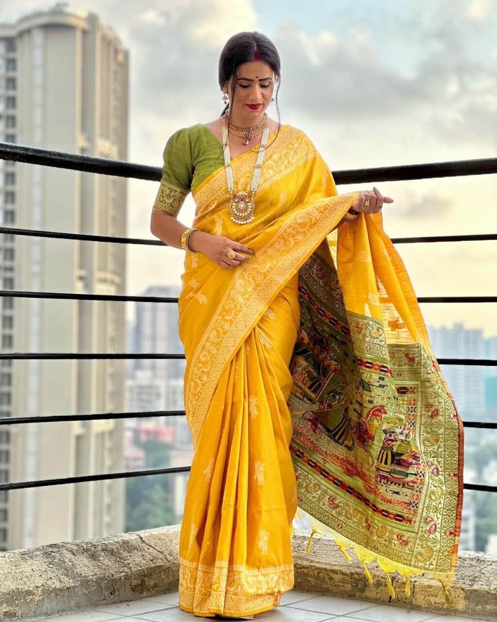 Turn Up the Glam with Mustard Yellow Raw Silk Saree With Contrast Pallu