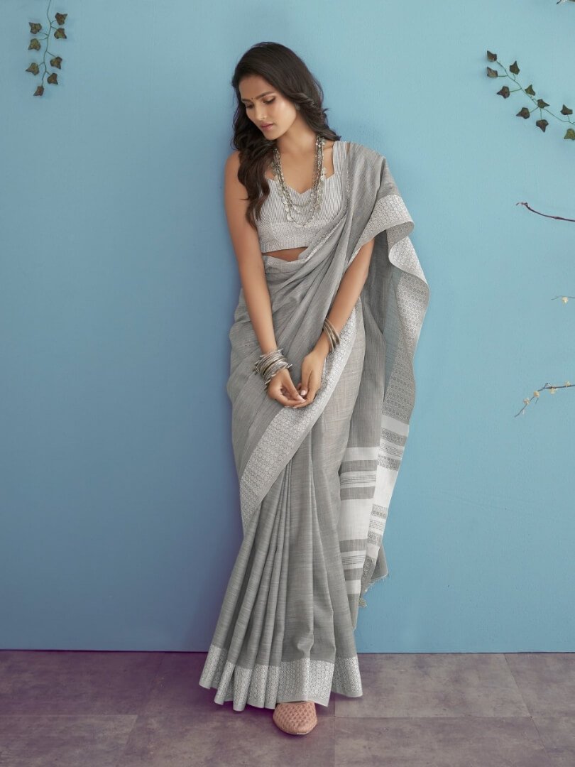 Gild Your Glamour with Grey Linen Silk Saree With Chikankari Weaved Border image 2