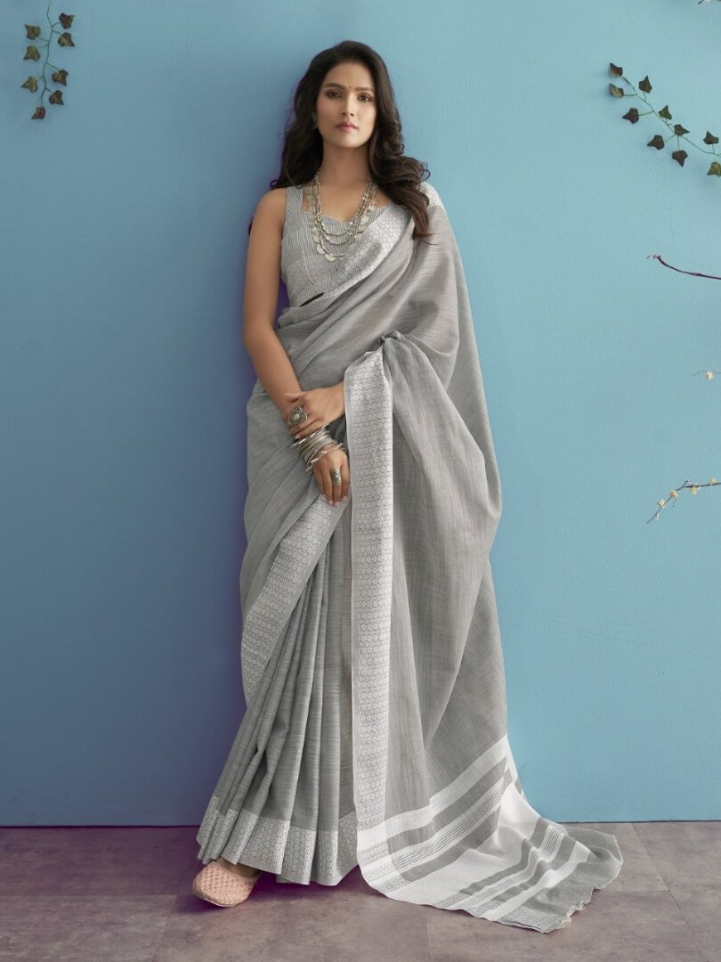 Gild Your Glamour with Grey Linen Silk Saree With Chikankari Weaved Border
