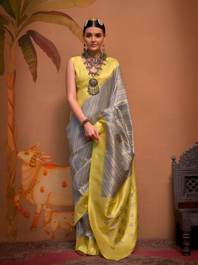 Gild Your Glamour with Yellow And Grey Zari Woven Banarasi Silk Saree