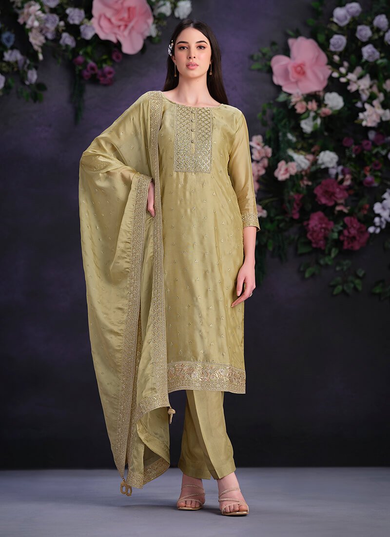 Shine Bright with a Beige Embroidered Shimmer Organza Semi-Stitched Salwar Kameez Set