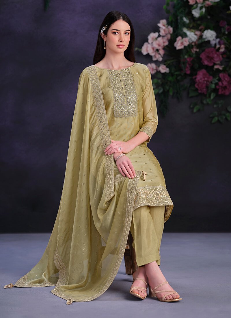 Shine Bright with a Beige Embroidered Shimmer Organza Semi-Stitched Salwar Kameez Set image 2