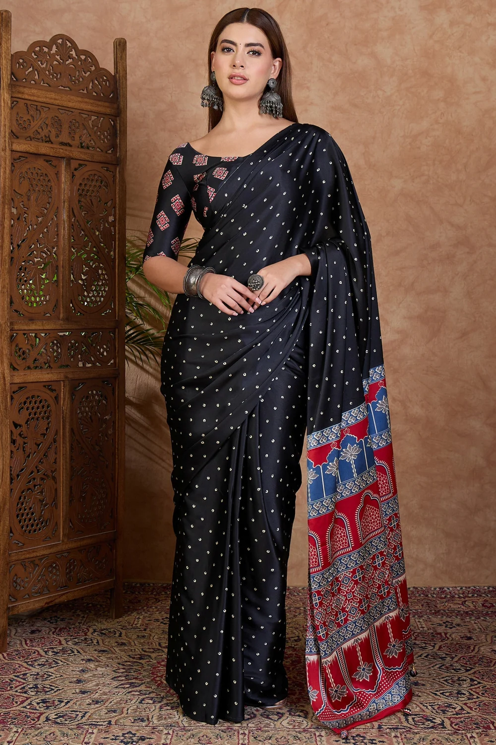 Add Shine to Your Style with a Black Semi Modal Saree and Blouse Piece