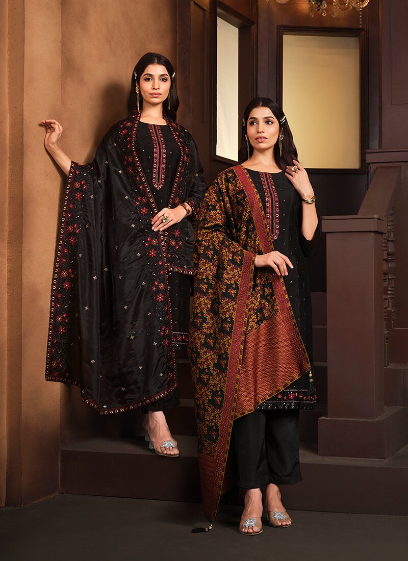 Enhance Your Style with a Black Embroidered Chinnon Semi-Stitched Salwar Kameez Set with Double Dupatta