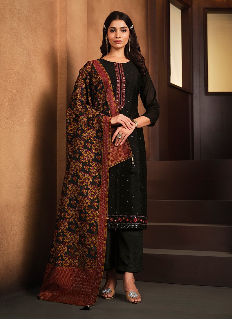 Enhance Your Style with a Black Embroidered Chinnon Semi-Stitched Salwar Kameez Set with Double Dupatta image 2