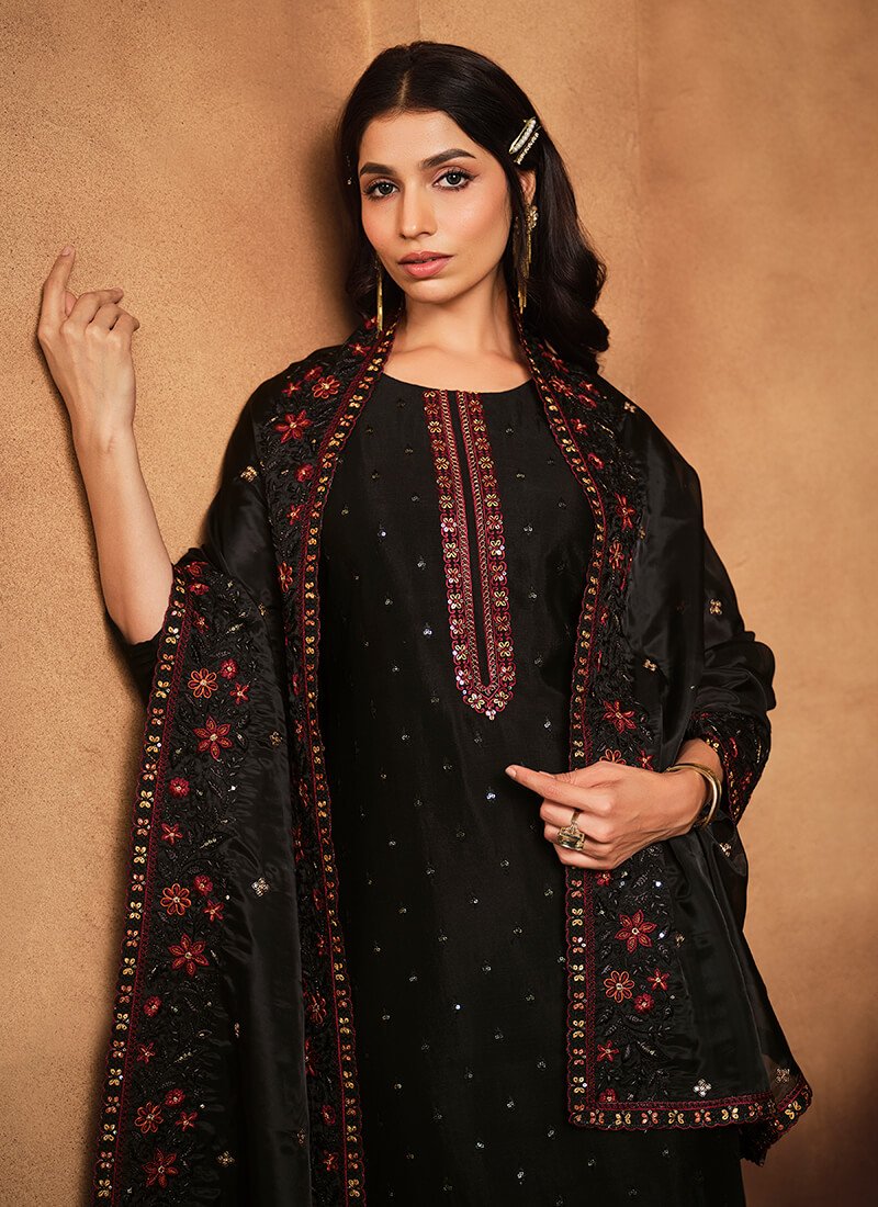 Enhance Your Style with a Black Embroidered Chinnon Semi-Stitched Salwar Kameez Set with Double Dupatta image 3