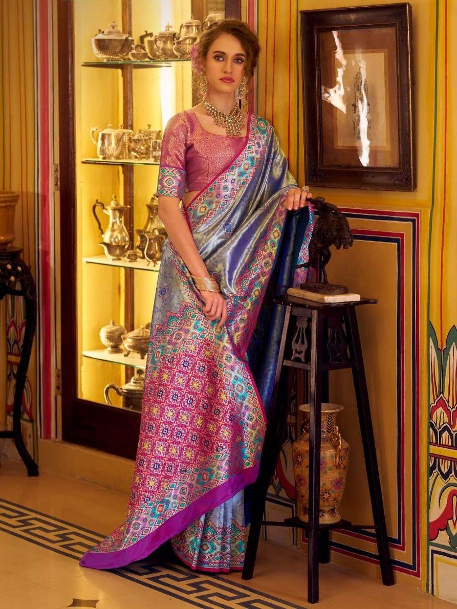 Time to Shine with Blue Tissue Patola Silk Saree and Beautiful Blouse Piece