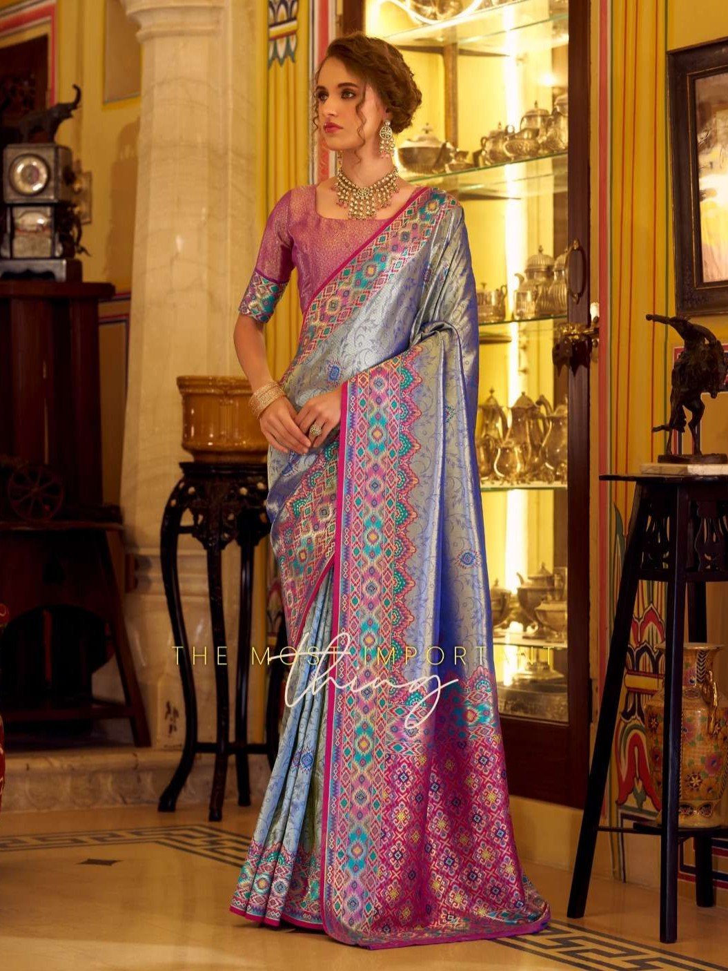 Time to Shine with Blue Tissue Patola Silk Saree and Beautiful Blouse Piece image 2