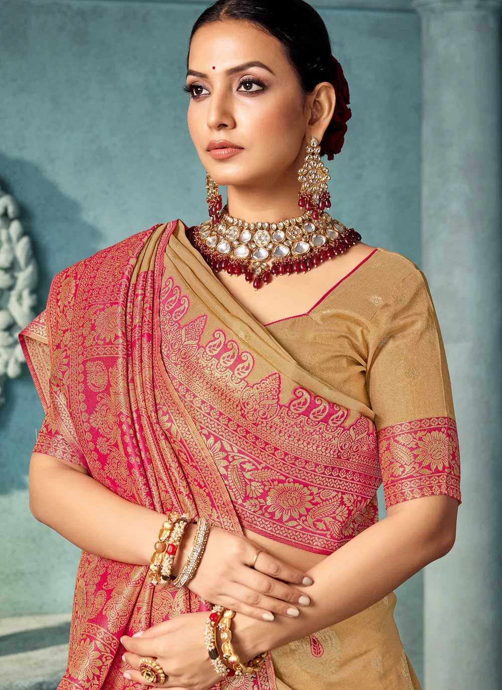Style Yourself with a Beige Silk Saree Featuring Beautiful Weaving Work image 2