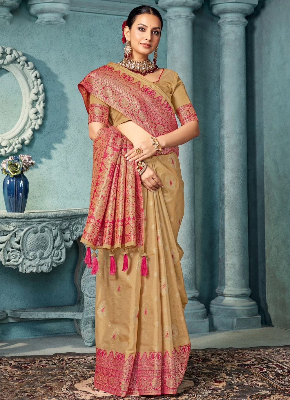 Style Yourself with a Beige Silk Saree Featuring Beautiful Weaving Work