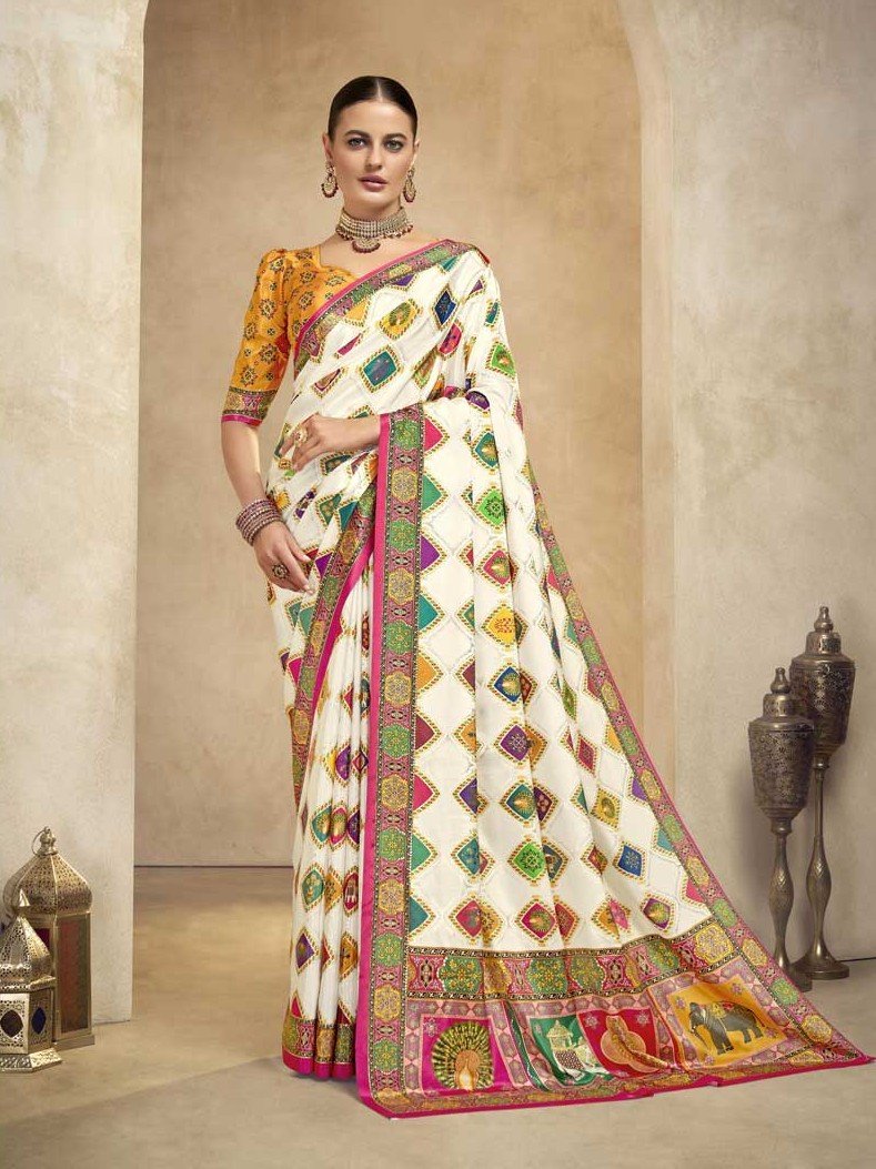Improve your style with an Off White Crape Saree with Foil Print and Blouse.
