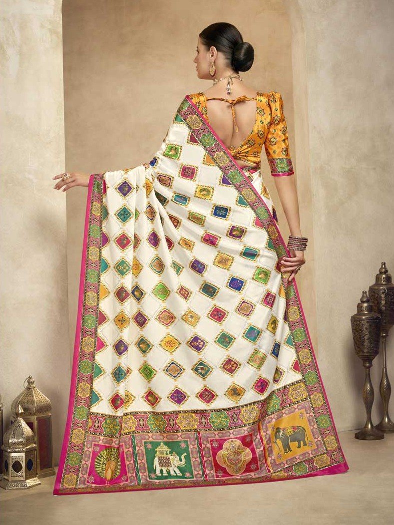 Improve your style with an Off White Crape Saree with Foil Print and Blouse. image 2