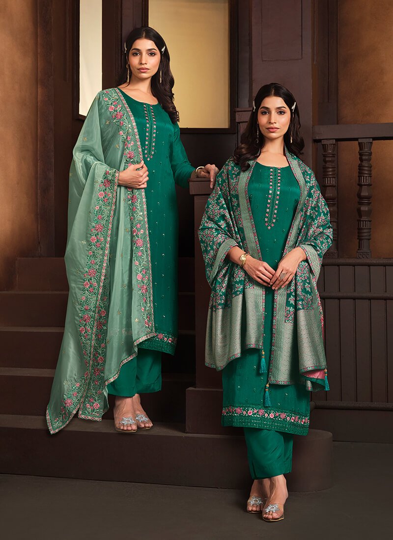 Look Stylish with Green Embroidered Chinnon Semi-Stitched Salwar Kameez Set with Double Dupatta