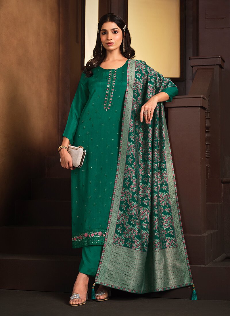 Look Stylish with Green Embroidered Chinnon Semi-Stitched Salwar Kameez Set with Double Dupatta image 2