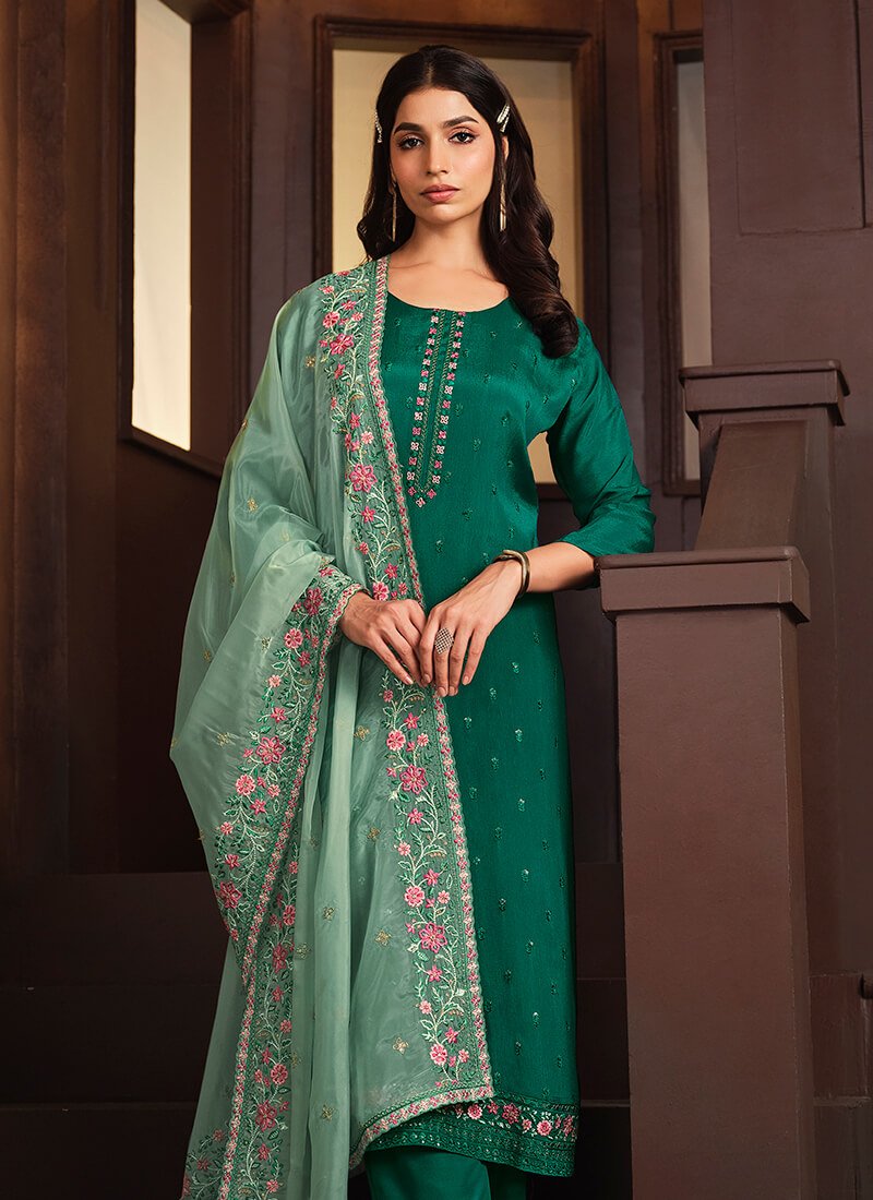 Look Stylish with Green Embroidered Chinnon Semi-Stitched Salwar Kameez Set with Double Dupatta image 3