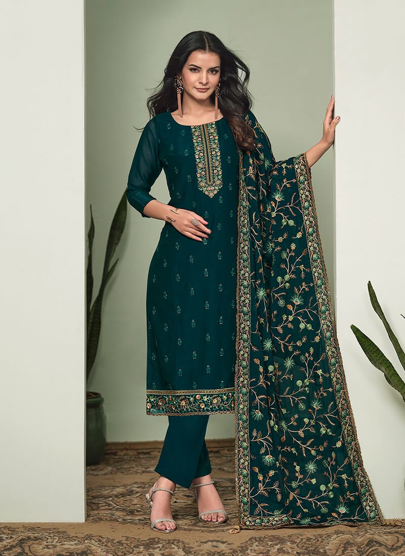 Shine Bright in a Green Embroidered Georgette Semi-Stitched Salwar Kameez Set