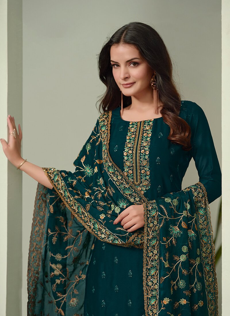 Shine Bright in a Green Embroidered Georgette Semi-Stitched Salwar Kameez Set image 3