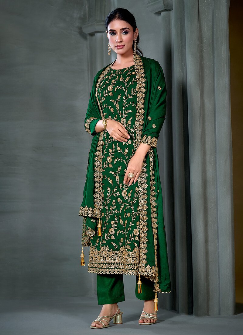 Look Stylish with Green Hand-Embroidered Satin Chiffon Semi-Stitched Salwar Kameez Set image 2