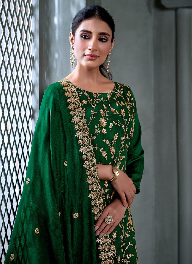 Look Stylish with Green Hand-Embroidered Satin Chiffon Semi-Stitched Salwar Kameez Set image 3