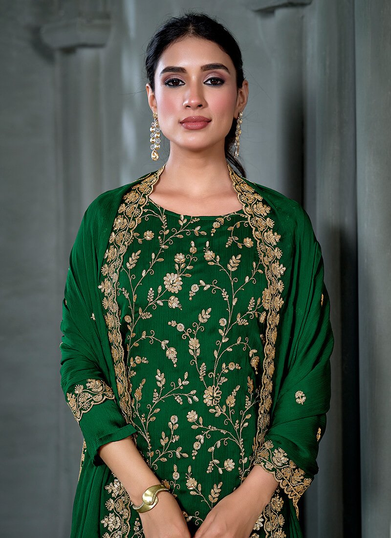 Look Stylish with Green Hand-Embroidered Satin Chiffon Semi-Stitched Salwar Kameez Set image 4