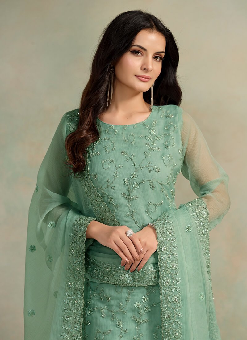 Experience the elegance of the Green Embroidered Organza Chiffon Semi-Stitched Salwar Kameez Set. image 2