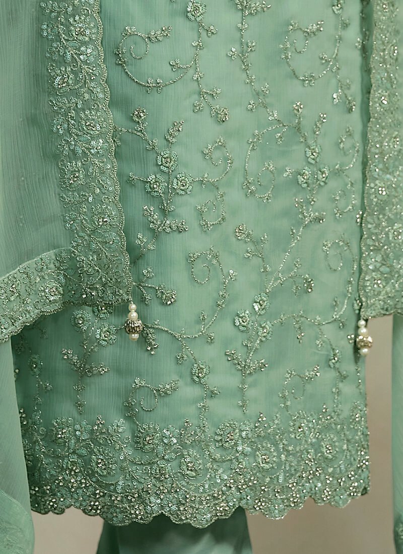 Experience the elegance of the Green Embroidered Organza Chiffon Semi-Stitched Salwar Kameez Set. image 3