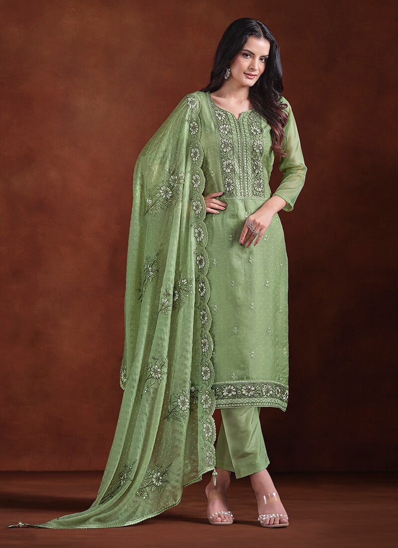 Make Your Look Brighter with a Green Embroidered Organza Semi-Stitched Salwar Kameez Set