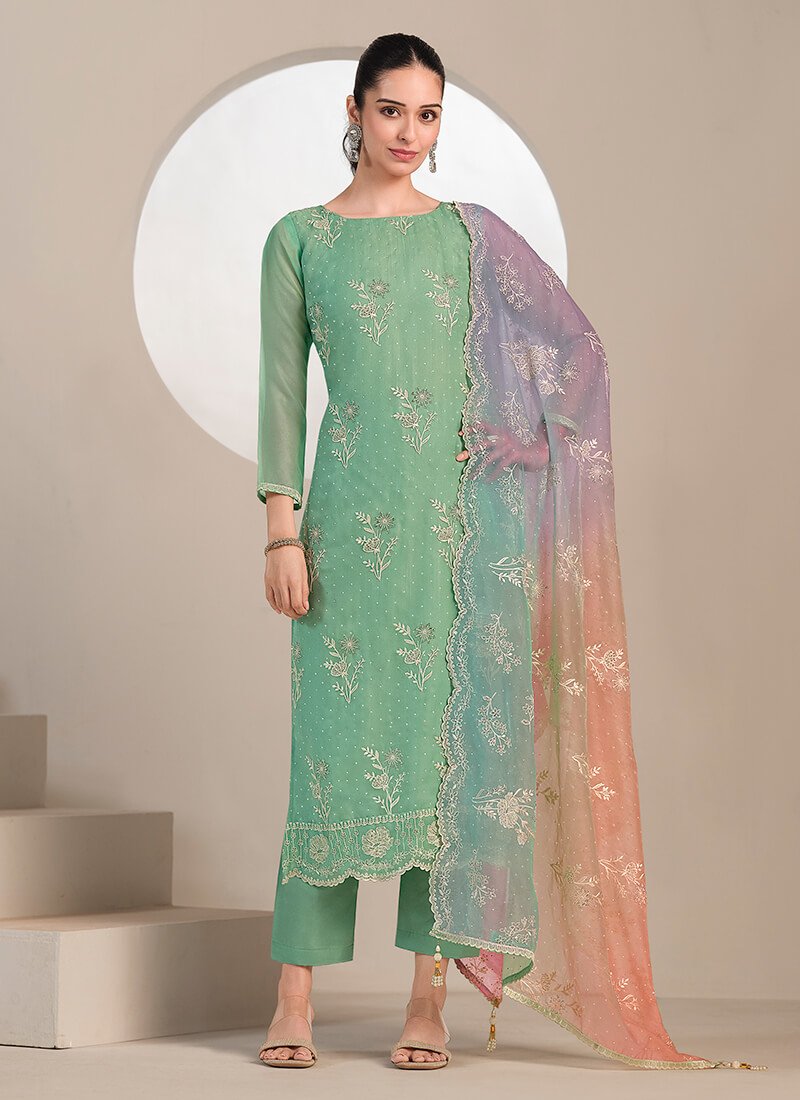 Get Ready to Shine with a Green Embroidered Organza Semi-Stitched Salwar Kameez Set
