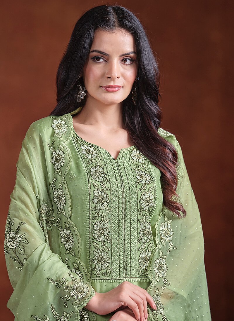 Make Your Look Brighter with a Green Embroidered Organza Semi-Stitched Salwar Kameez Set image 2