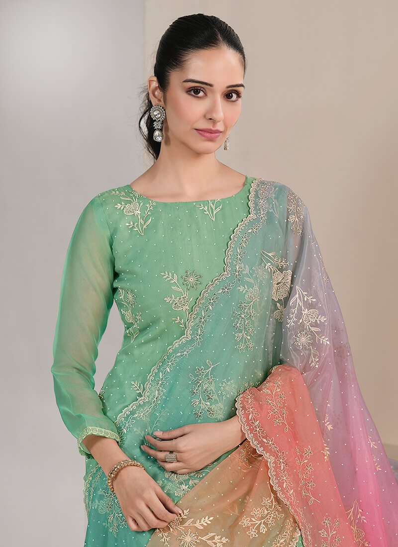 Get Ready to Shine with a Green Embroidered Organza Semi-Stitched Salwar Kameez Set image 2