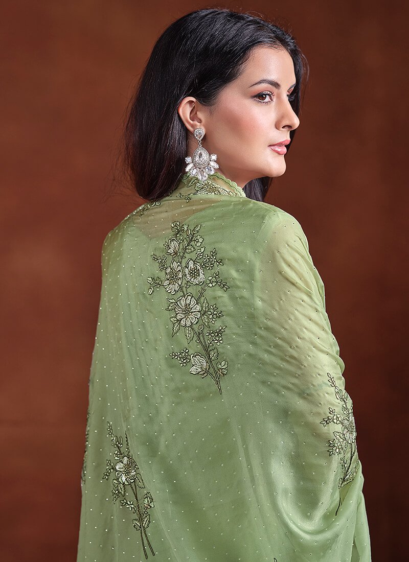Make Your Look Brighter with a Green Embroidered Organza Semi-Stitched Salwar Kameez Set image 3