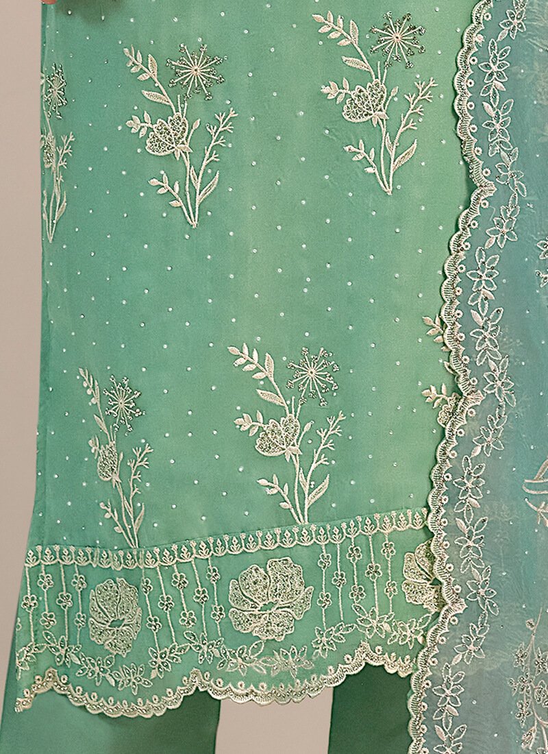 Get Ready to Shine with a Green Embroidered Organza Semi-Stitched Salwar Kameez Set image 3