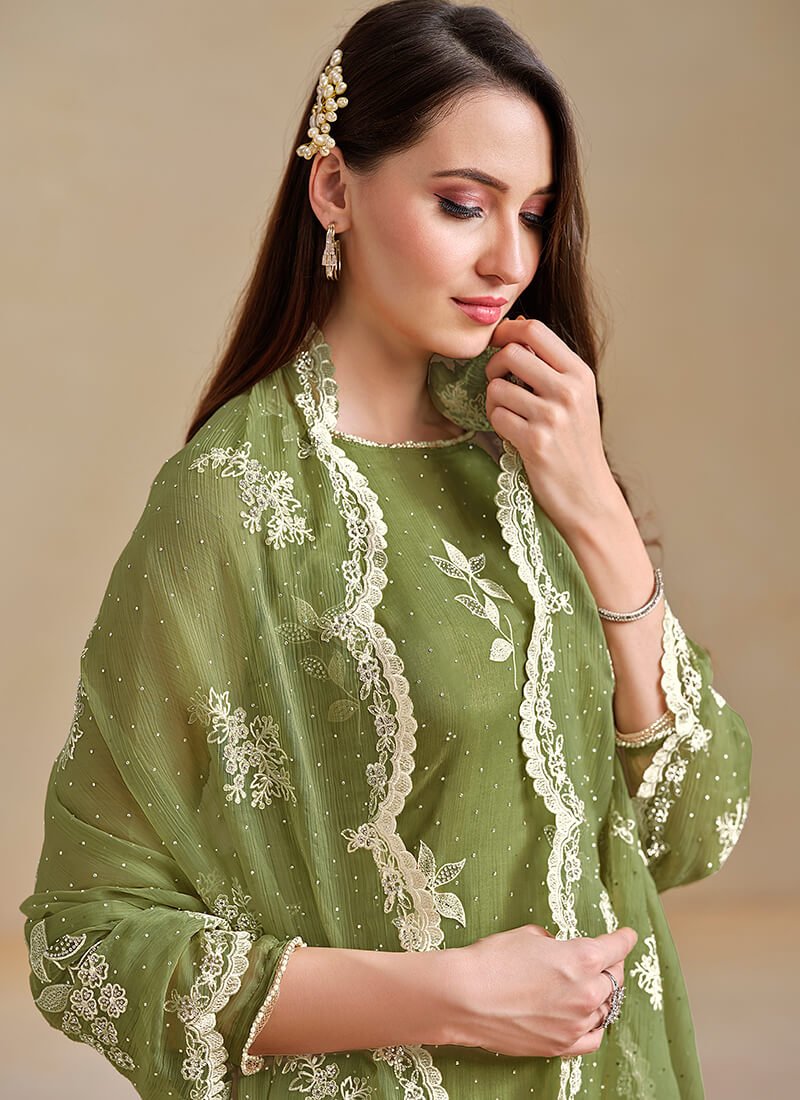 Shine in Style with a Green Embroidered Organza Chiffon Semi-Stitched Salwar Kameez Set. image 3