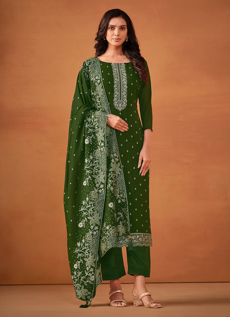 Improve your style with a green embroidered georgette semi-stitched salwar kameez set.