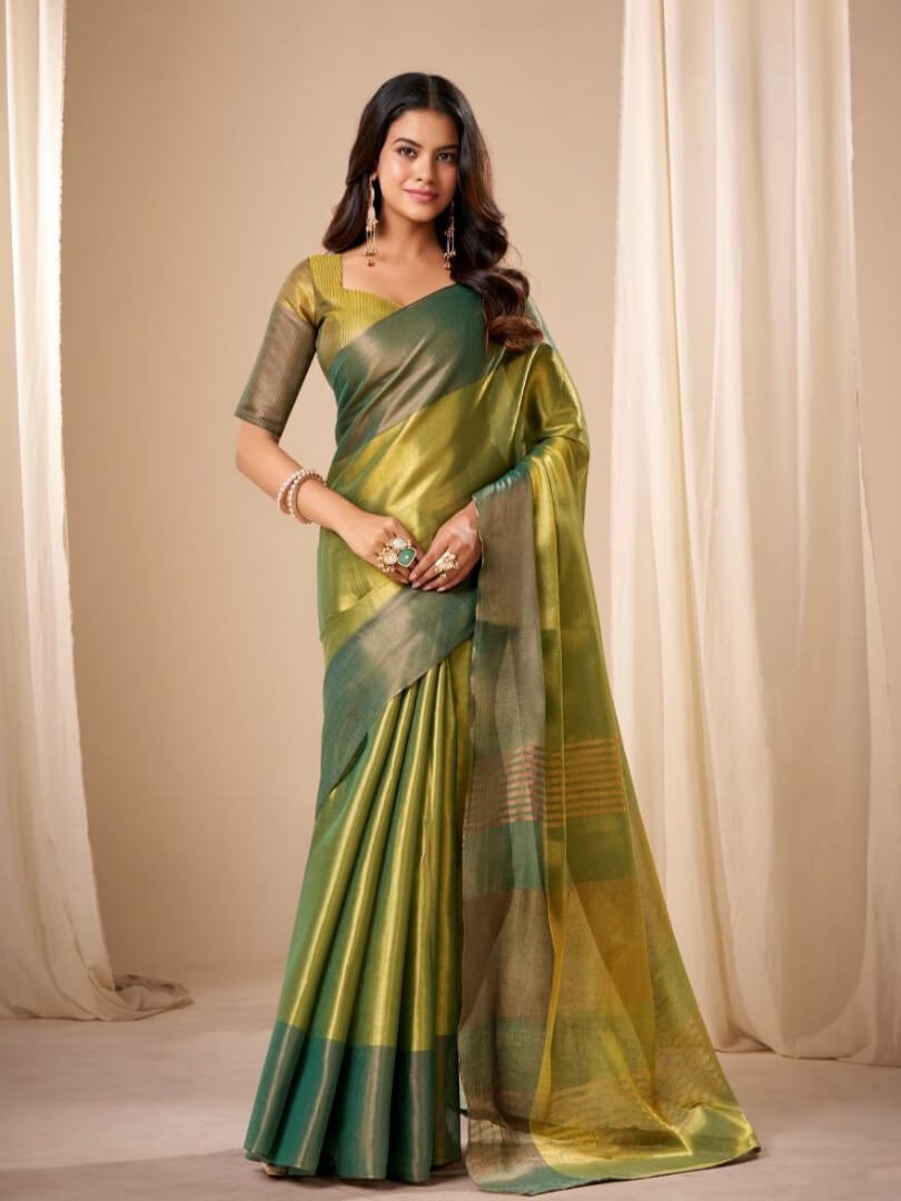 Enhance Your Look with a Green Handloom Tissue Silk Saree and Matching Blouse Piece