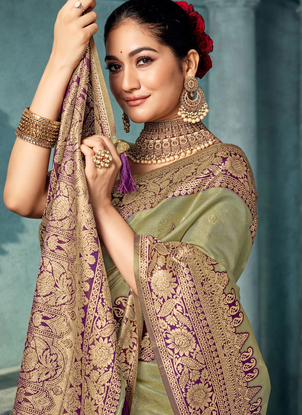 Experience the elegance of a green silk saree with beautiful weaving work. image 2