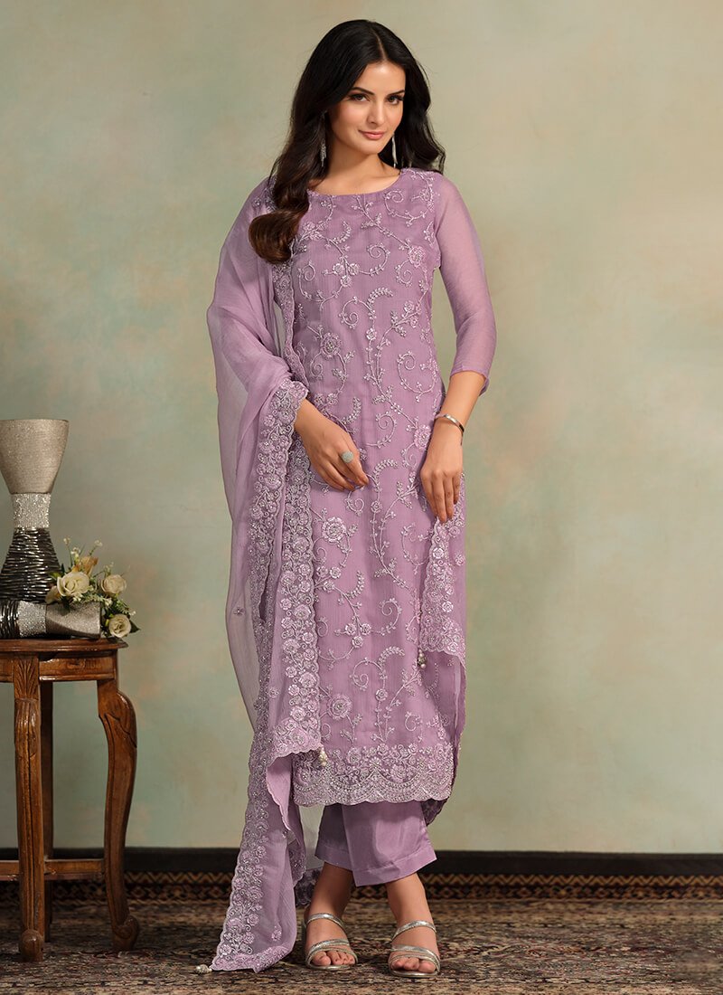 Get stylish with the Lavender Embroidered Organza Chiffon Semi-Stitched Salwar Kameez Set.