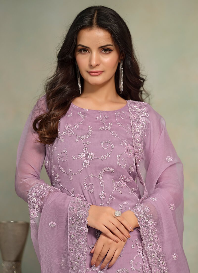 Get stylish with the Lavender Embroidered Organza Chiffon Semi-Stitched Salwar Kameez Set. image 2