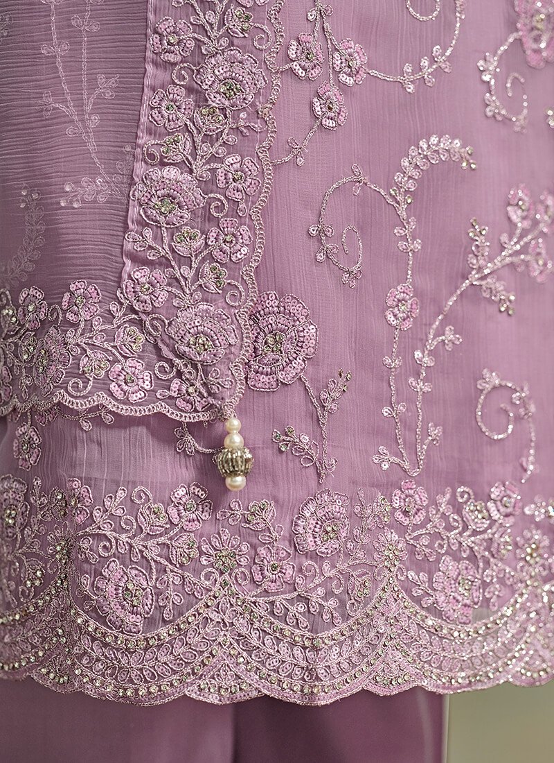 Get stylish with the Lavender Embroidered Organza Chiffon Semi-Stitched Salwar Kameez Set. image 3