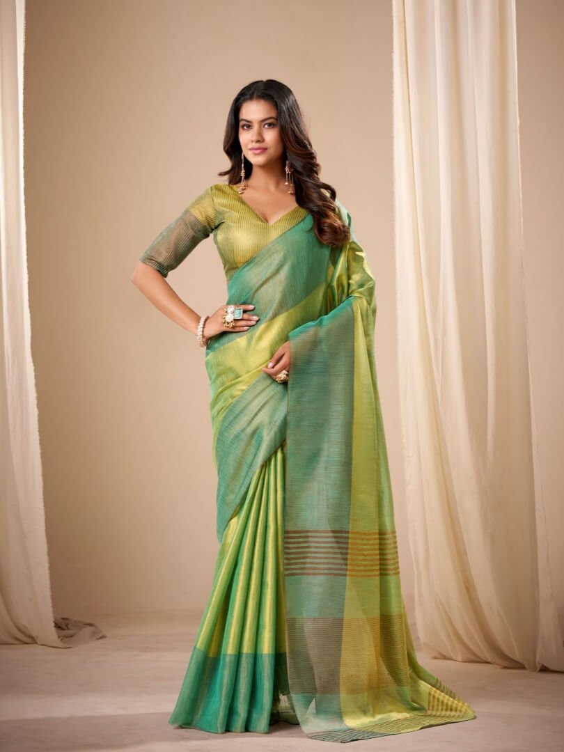Enhance Your Style with an Apple Green Handloom Tissue Silk Saree and Matching Blouse Piece