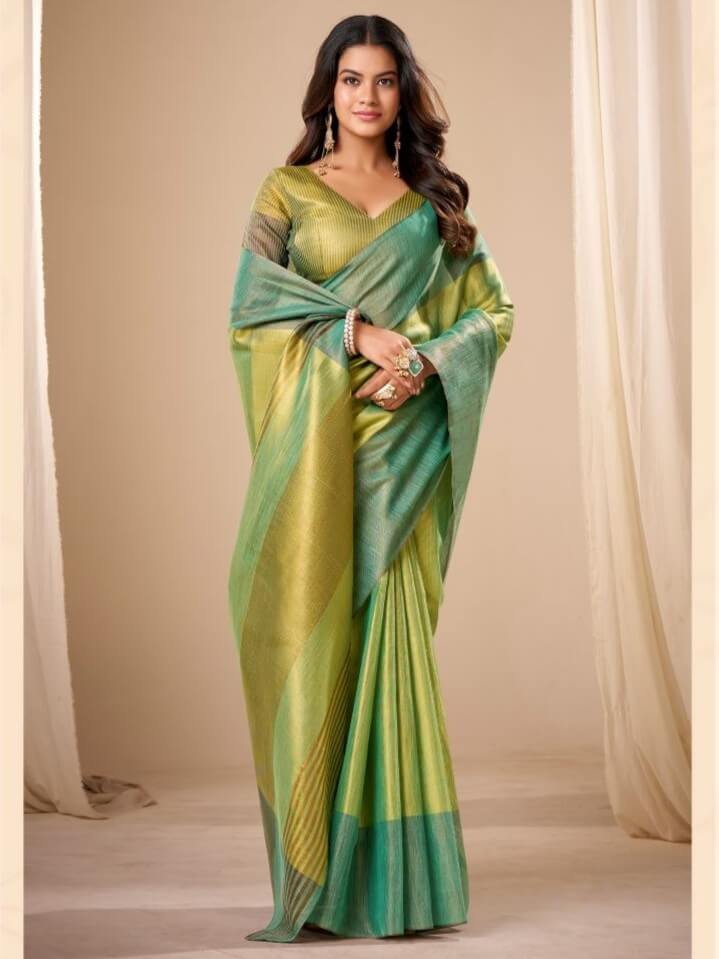 Enhance Your Style with an Apple Green Handloom Tissue Silk Saree and Matching Blouse Piece image 2