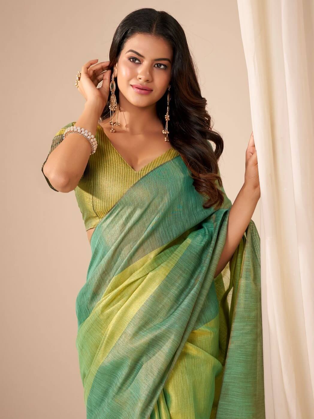 Enhance Your Style with an Apple Green Handloom Tissue Silk Saree and Matching Blouse Piece image 3