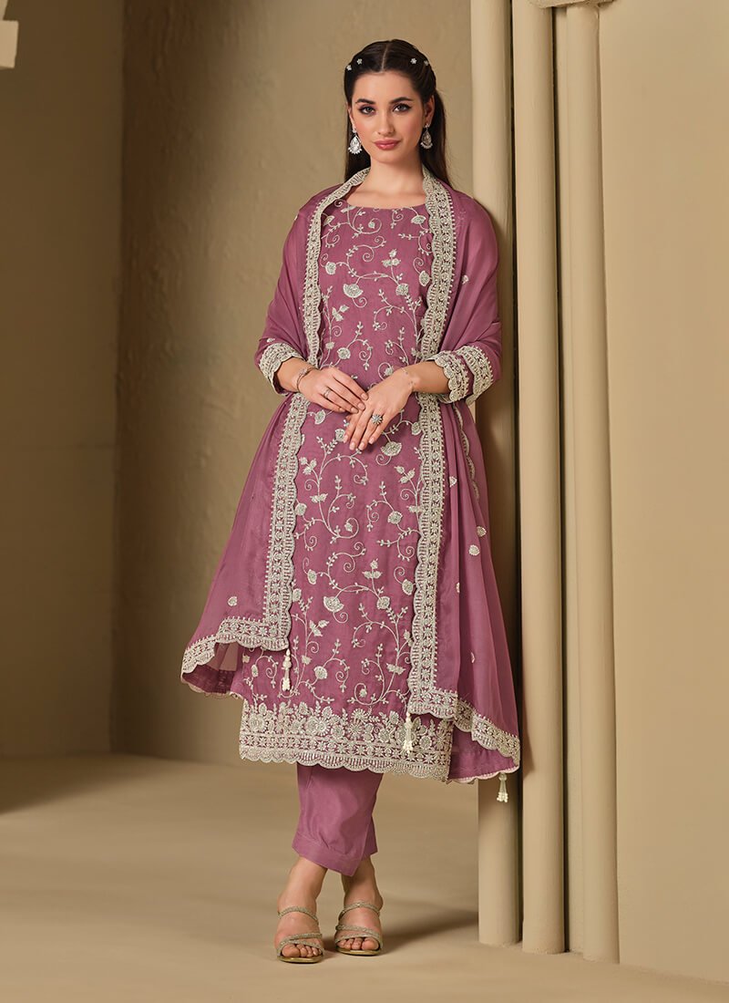 Brighten Your Look with a Light Mauve Embroidered Swarovski Organza Semi-Stitched Salwar Kameez Set