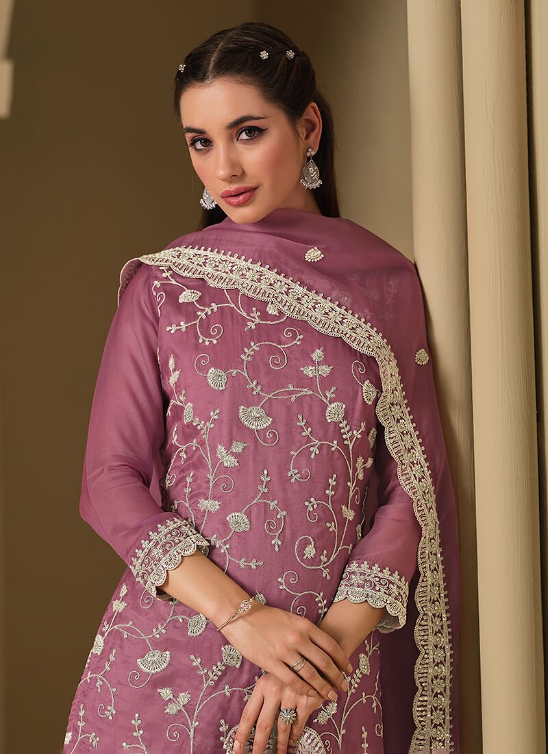 Brighten Your Look with a Light Mauve Embroidered Swarovski Organza Semi-Stitched Salwar Kameez Set image 2