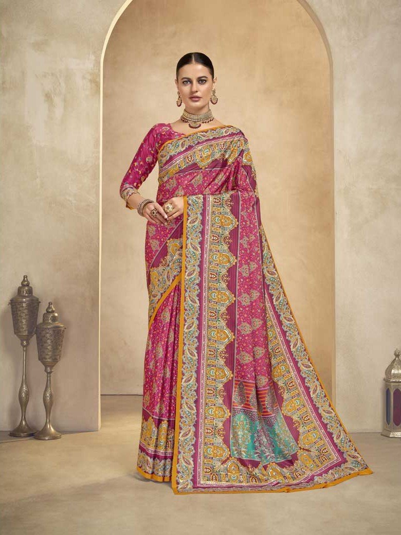 Enhance Your Style with a Pink Crape Saree and Blouse Featuring Foil Print