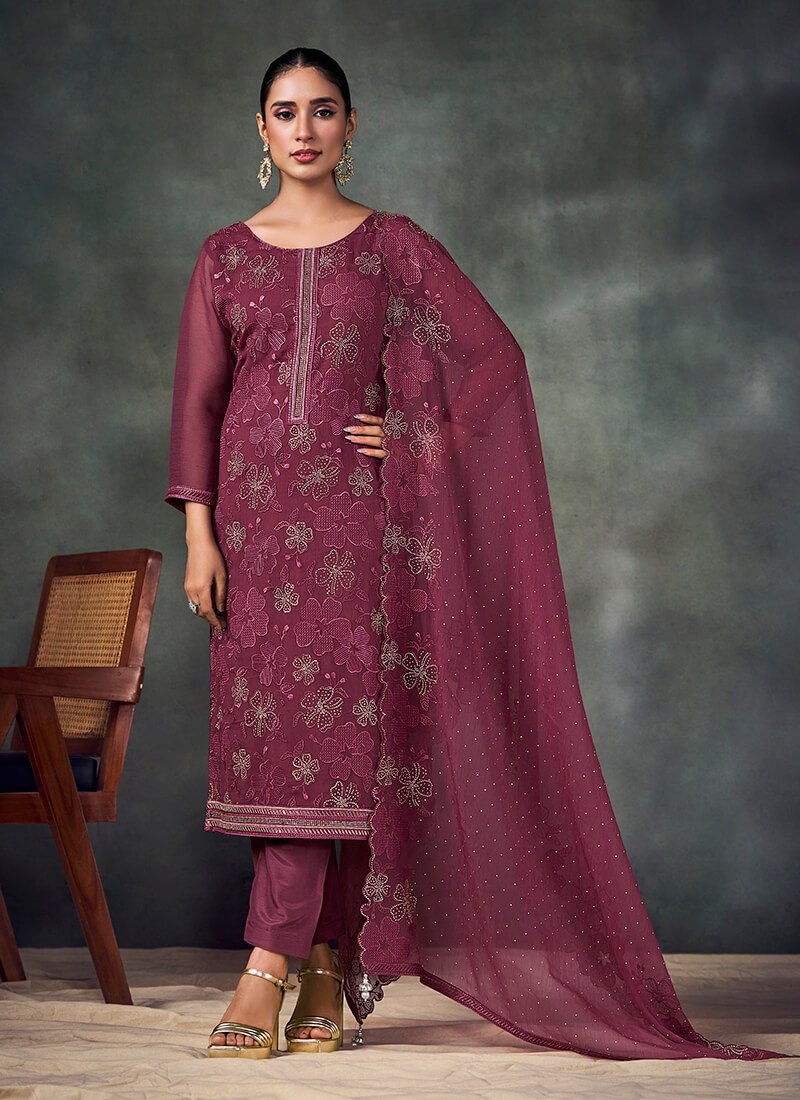 Look Stylish with Maroon Embroidered Chiffon Semi-Stitched Salwar Kameez Set